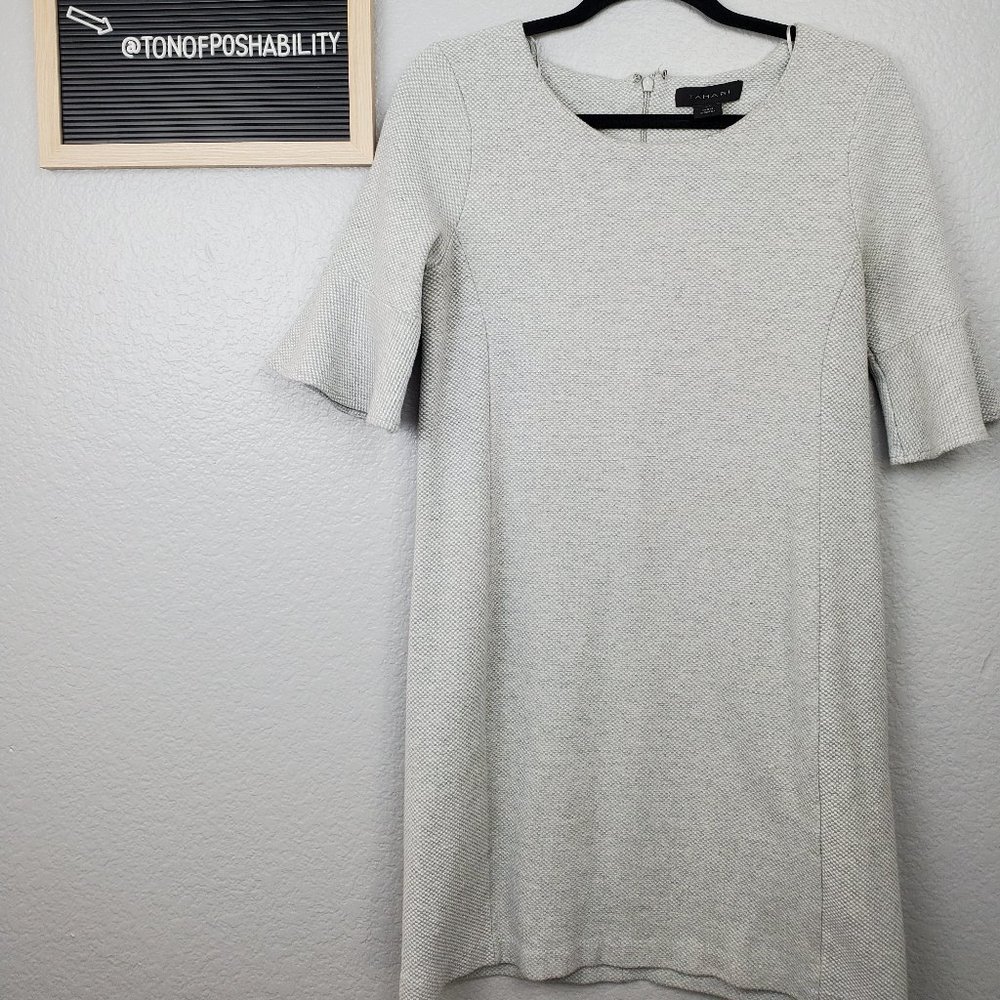 Tahari Soft Gray/White Bell Sleeved Dress